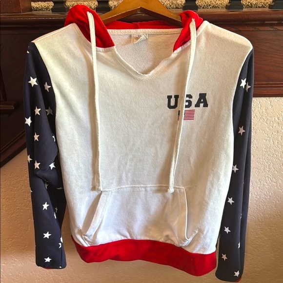 USA Flag Hoodie with Star Sleeves V neck Patriotic Pullover Sweatshirt Medium - Picture 1 of 7